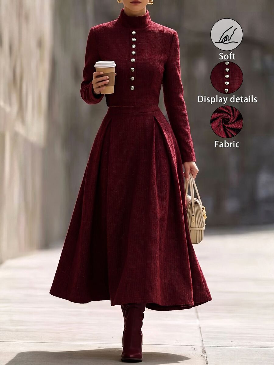 Balvessa Women's Vintage Button Long Sleeve Jacket And Pleated A-Line Skirt 2 Pieces Set - Burgundy - View 1