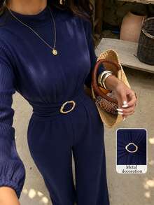 Modelyn New Women's Fitted Woven Elegant Versatile Daily Decorative Button Long Jumpsuit - Navy Blue - View 5