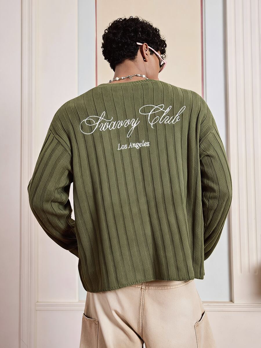 SWAVVY 時尚男士字母刺繡毛衣 - 綠色 - 查看 1