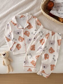 男嬰可愛休閒日常極簡舒適淺杏色卡通動物印花鈕扣長袖上衣與長褲2件套居家服 - 卡其色 - 查看 4
