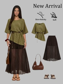 Sweetra Women's Hollow Out Asymmetrical Hem Top And Pleated Maxi Skirt Set - Multicolor - View 3