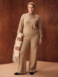 MOTF PREMIUM PLUS SIZE WOMEN'S WOOL TURTLENECK DROP SHOULDER SWEATER AND KNIT PANTS SET - Apricot - View 4