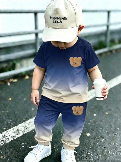 Baby Boys Loose Casual Sports Minimalist Comfortable Short Sleeve T-Shirt And Long Pants 2 Pieces Set, Suitable For Spring And Summer