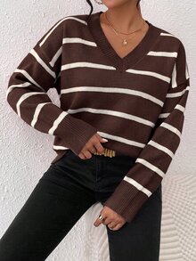 SHEIN Frenchy V領條紋落肩針織毛衣，秋冬款 - 彩色 - 查看 7
