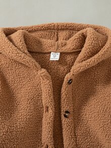 SHEIN 女童冬季淺棕色連帽抓絨外套，舒適面料，簡約百搭，適合室內外活動 - 棕色 - 查看 5