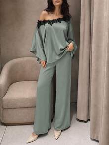 Modelyn Women's 2 Pieces Set, Elegant One-Shoulder Lace Trim Bell Sleeve Loose Top And Wide Leg Sage Green Pants, Suitable For Autumn Office, Party, Outing - Mint Green - View 4