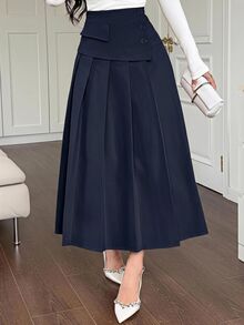 DAZY Autumn/Summer New High Waist Single-Breasted Decorative Pleated Solid Color Loose A-Line Mid-Length Skirt For Women - Navy Blue - View 5
