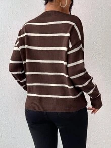 SHEIN Frenchy V領條紋落肩針織毛衣，秋冬款 - 彩色 - 查看 2