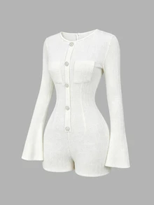 Sweetra Autumn/Winter Fashion New French Chic Round Neck Single-Breasted Waist-Cinching Slimming Exquisite Faux Pearl Button Decor Flared Long Sleeve Women's Romper - White - View 7