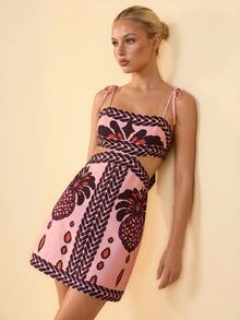 CAJUNI Tropical Vacation Mauve Palm Tree And Pineapple Mini Dress - Pink - View 4