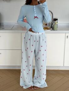 ZzzCrew Cute Bow Print Slim Fit Round Neck Half-Button Long Sleeve Woven Printed Pants Women's Pajama Set - Blue - View 3