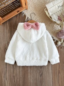 SHEIN 女嬰可愛3D蝴蝶結毛絨連帽套頭衫，柔軟抓絨，休閒秋季畢業返校冬季時尚通勤風 - 白色 - 查看 2