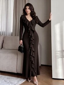 Modelyn Women's Brown Knitted Textured Long Sleeve Ruffle Waist Fitted Bodycon Fishtail Slit Elegant Romantic Dress - Brown - View 5