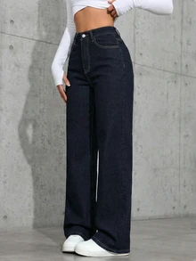 SHEIN CURVE+ Celana Jeans Denim Kasual Sehari-hari Wanita Ukuran Besar dengan Saku dan Kancing - Dark Wash - View 5