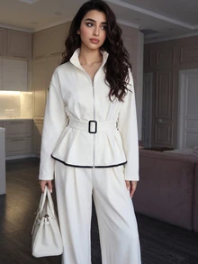 Modelyn Women's Casual Stand Collar Patchwork Black Webbing Trim Relaxed Urban Style Cinched Waist Zipper Two Pieces Set - White - View 7
