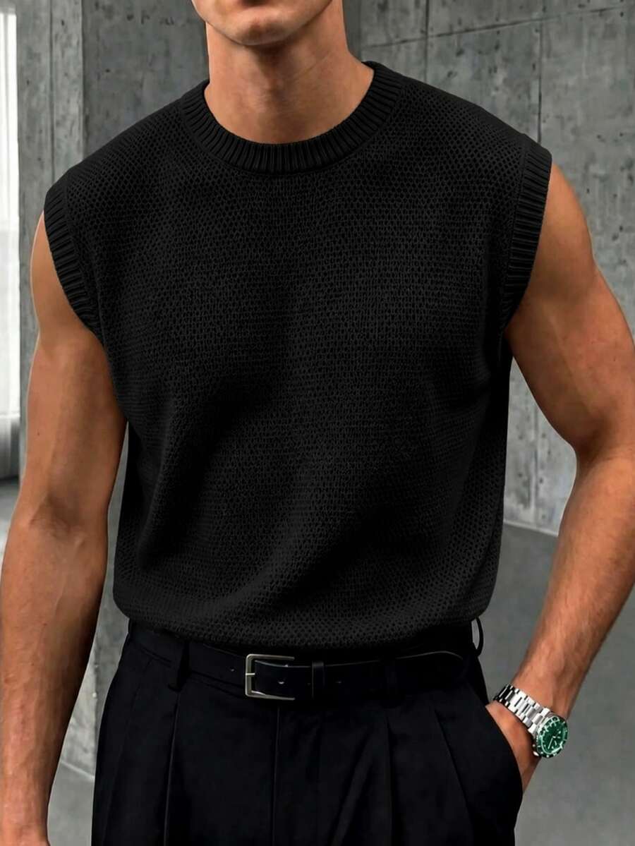 Manfinity Homme Men's Solid Color Crew Neck Casual Versatile Knit Vest - Black - View 1