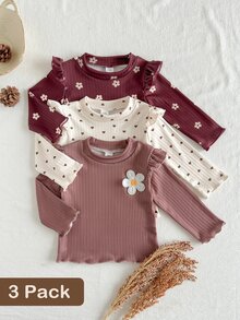 SHEIN 3件組女嬰粉色與白色條紋秋季可愛畢業返校軟米色卡其印花娃娃上衣露肩上衣 - 彩色 - 查看 1