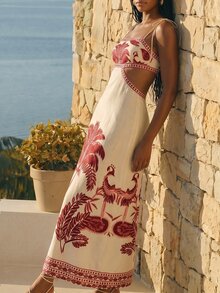 CAJUNI Chic Vacation Retro Resort Long Dress. - Red - View 3