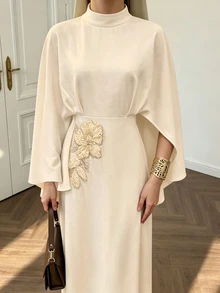 Celisse Elegant Women's Long Dress With Stand Collar, Shawl, Embroidered Floral Applique And Rhinestones - Apricot - View 4