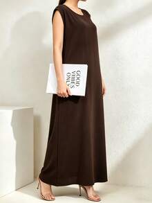 Yasmyna Elegant Commuter Solid Color Sleeveless Long Dress - Coffee Brown - View 4