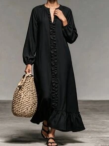 LUMIGAL Women's Solid Color Ruffle Trim Long Dress For Vacation And Casual Wear - Black - View 3