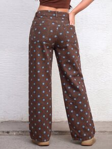 Jeanoix Petite Y2K Women's Polka Dot Print Straight Leg Denim Jeans - Coffee Brown - View 2