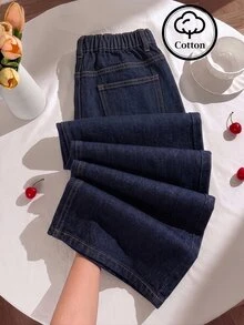 Big Girls' New Fashion Deep Blue Washed Straight Leg Wide Leg Loose Denim Jeans, Minimalist Daily All-Match Design Suitable For Back To School Season, Comfortable And Versatile - Medium Wash - View 2