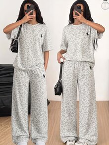 SHEIN 青少年女孩豹紋圓領短袖T恤與寬腿褲休閒套裝 - 灰色 - 查看 10