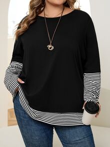 SHEIN CURVE+ 大尺碼女款圓領拼接條紋 2 合 1 休閒 T 恤 秋季 - 彩色 - 查看 8