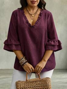 Linhara CURVE Women's Plus Size V-Neck Mid-Length Ruffle Sleeve Loose Fit Faux Linen Comfortable Fabric Blouse Suitable For Outings, Vacation, Daily Casual, Commuting And Work - Red Violet - View 5