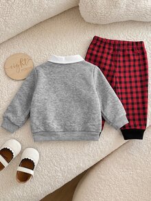 SHEIN 新生兒聖誕衛衣與格紋長褲套裝 - 灰色 - 查看 2