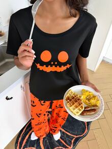 ZzzCrew Halloween Print Short Sleeve & Long Pants Pajama 2 Pieces Set - Multicolor - View 3