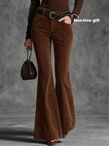 LUMIGAL Women's Solid Color Casual Corduroy Flare Leg Pants With Pockets - Coffee Brown - View 1