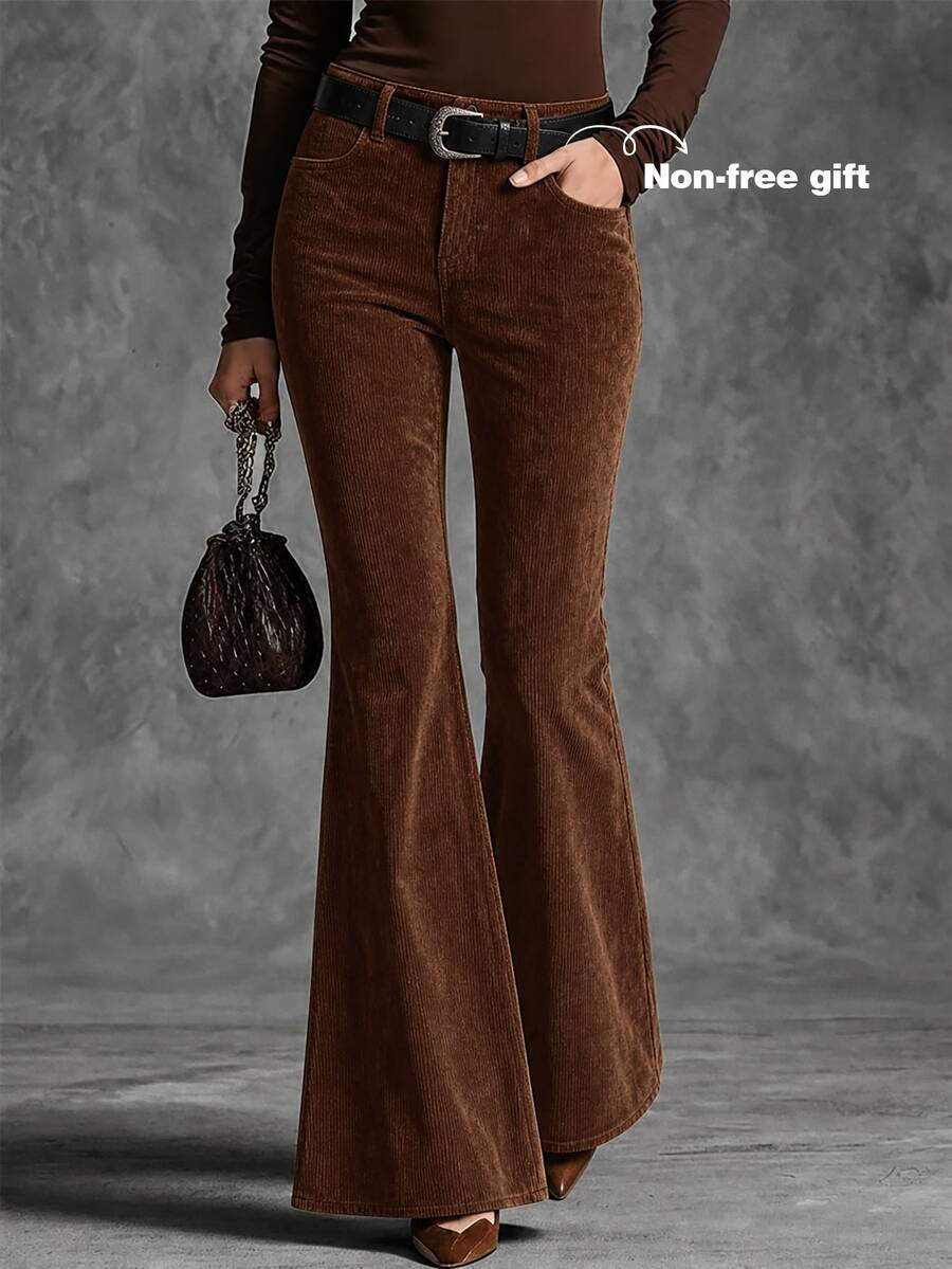 LUMIGAL Women's Solid Color Casual Corduroy Flare Leg Pants With Pockets - Coffee Brown - View 1