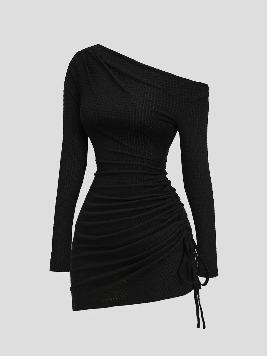 Sweetra Women's Black Elegant Casual Minimalist Commuter Asymmetrical Shoulder Pleated Fitted Hem Drawstring Design Dress - Black - View 1