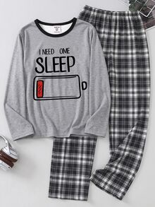 2pcs/Set Boys New Fashion Minimalist Solid Color Round Neck Gray Long Sleeve Top With SLEEP Print Autumn/Winter Pajamas - Grey - View 5