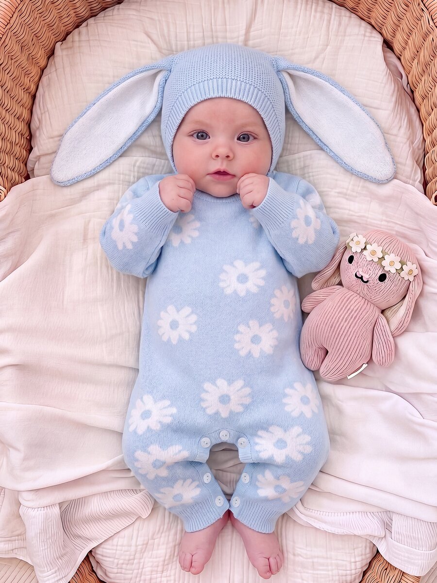 SHEIN Baby Girls' Newborn Floral Print Long Sleeve Romper, Pink Autumn Jumpsuit, Cute All-Over Pattern, Suitable For Various Occasions - Baby Blue - View 1