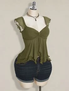 SHEIN ICON 大尺碼女款前褶皺修身性感網紗拼接荷葉袖露背休閒度假短版背心，秋季返校穿搭 - 軍綠色 - 查看 7