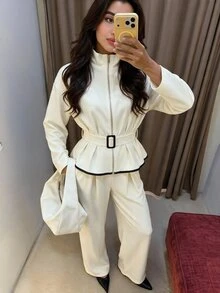 Modelyn Women's Casual Stand Collar Patchwork Black Webbing Trim Relaxed Urban Style Cinched Waist Zipper Two Pieces Set - White - View 3