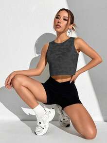 SHEIN Velisys Camouflage Breathable Cropped Sports Tank Top - Grey - View 5