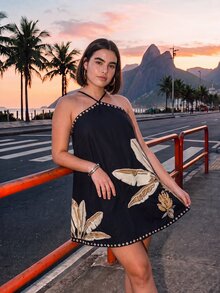 CAJUNI Chic Vacation Golden Palm Tree Embroidery Short Dress - Multicolor - View 3