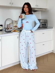 ZzzCrew Cute Bow Print Slim Fit Round Neck Half-Button Long Sleeve Woven Printed Pants Women's Pajama Set - Blue - View 6