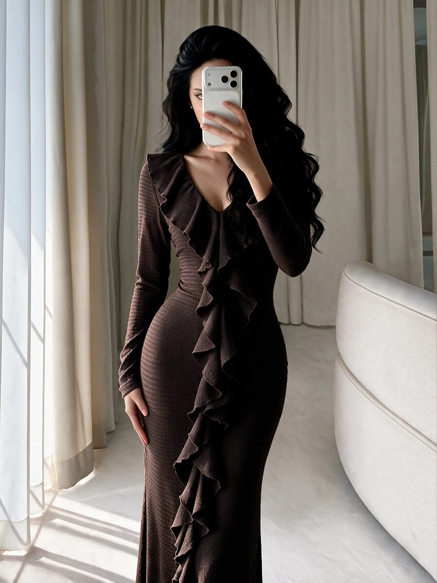 Modelyn Women's Brown Knitted Textured Long Sleeve Ruffle Waist Fitted Bodycon Fishtail Slit Elegant Romantic Dress - Brown - View 1