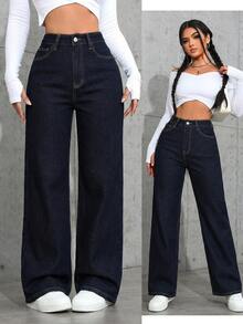 SHEIN CURVE+ Celana Jeans Denim Kasual Sehari-hari Wanita Ukuran Besar dengan Saku dan Kancing - Dark Wash - View 7