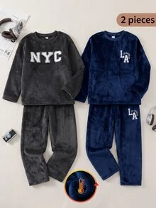 Boys' Letter Embroidered Grey Dark Grey Plush Long Sleeve Pants Set Loungewear Lounge Night Autumn Modest Casual - Blue - View 1