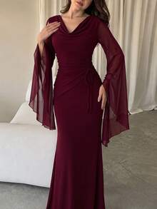 Modelyn Women's Solid Color Cowl Neck Flare Sleeve Side Drawstring Waist Elegant Long Dress - Burgundy - View 2