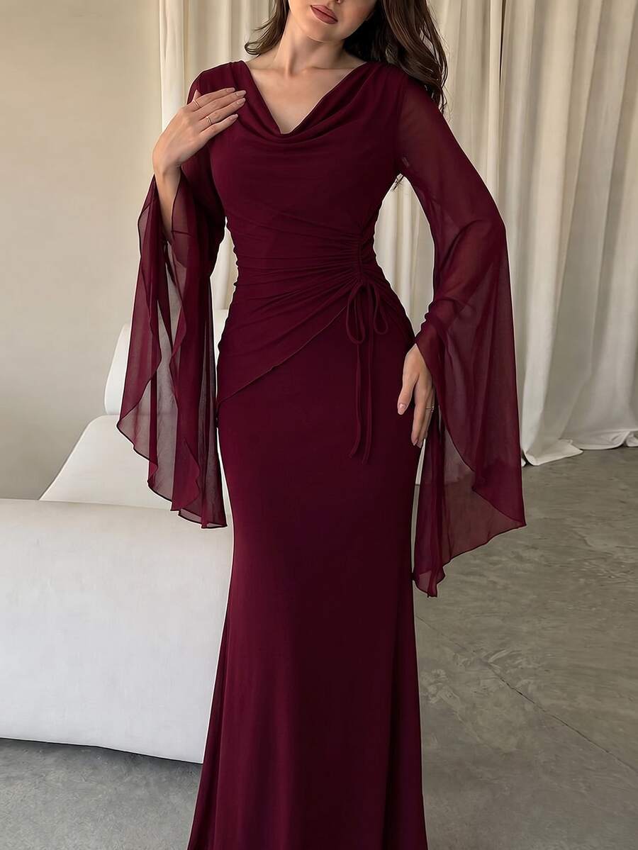 Modelyn Women's Solid Color Cowl Neck Flare Sleeve Side Drawstring Waist Elegant Long Dress