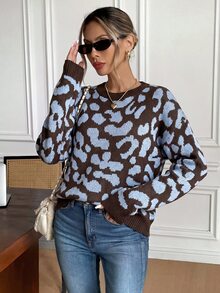 Serisse 女款全印花休閒圓領長袖套頭毛衣 秋冬款 - 藍色 - 查看 3
