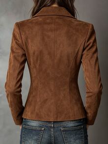 LUMIGAL Autumn/Winter Vintage Distressed Lapel Fringe Suede Jacket Slim Fit Flattering Short Top - Camel - View 2