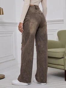 Jeanoix Washed Denim Blue High Waist Ripped Wide Leg Jeans - Brown - View 2